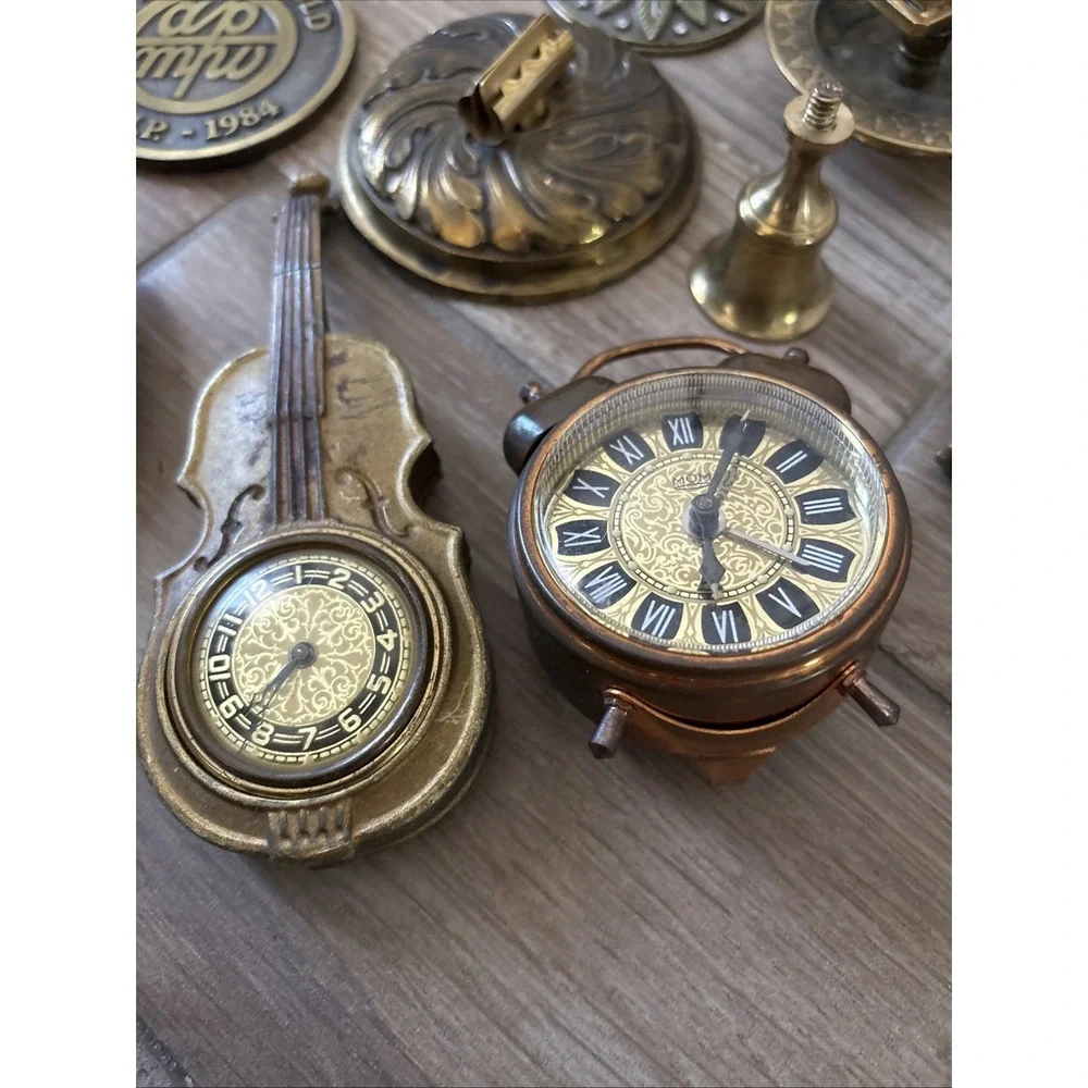 Vintage Brass Random Lot Figurines Clocks, Eagle Pendant, Magnifying Glass